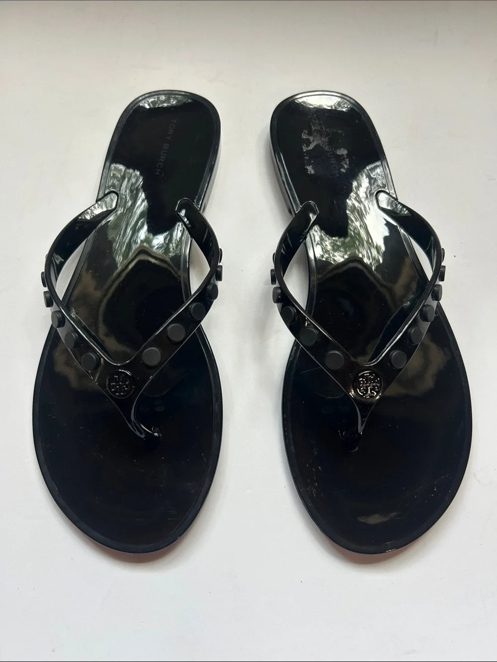 TORY BURCH 10 STUDDED JELLY THONG SANDALS LOGO PERFECT BLACK flip flops